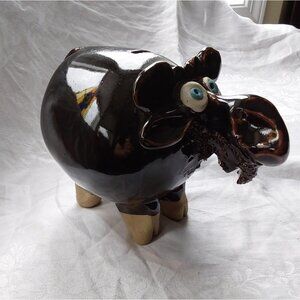 Amazing studio pottery moose piggy bank dark brown with blue eyes